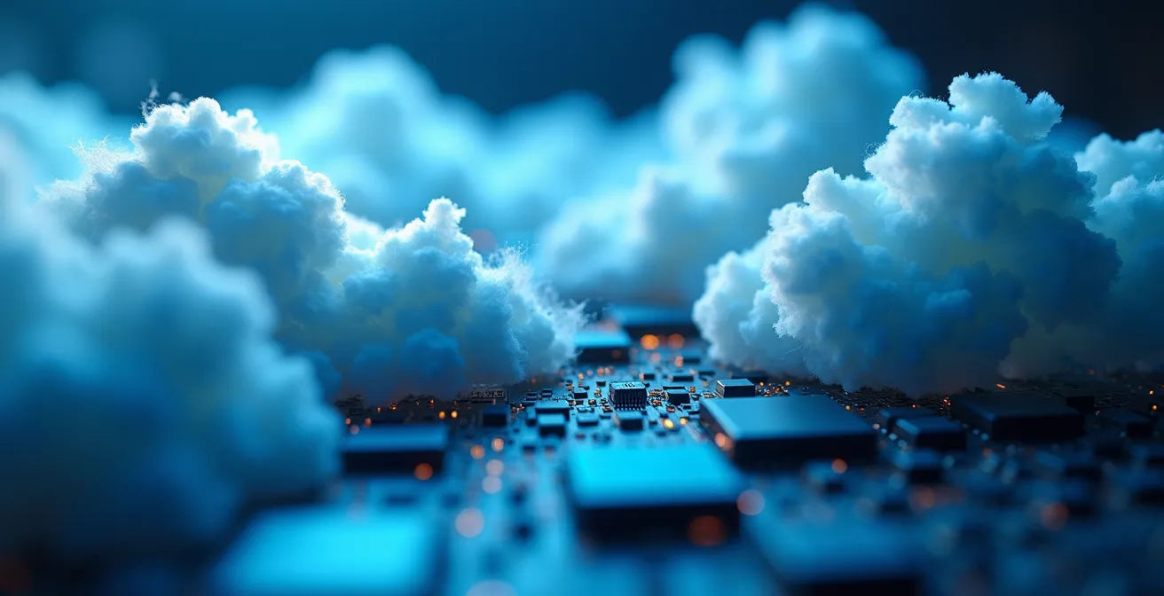 Rappresentazione di un'infrastruttura IT ibrida con elementi cloud e on-premise