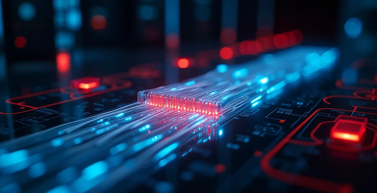 Rappresentazione astratta di flussi di dati con pattern anomali evidenziati in rosso su sfondo tecnologico scuro