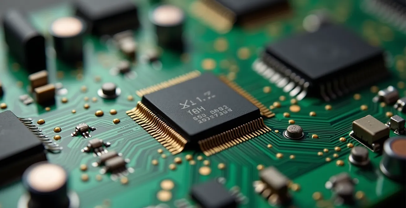 Close-up macro di circuiti elettronici di un controller SSD con effetto bokeh