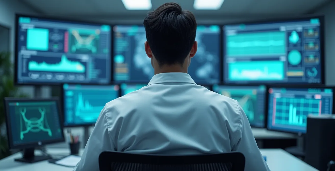 Vista di una sala controllo moderna con operatore di spalle che monitora sistemi di telemetria su schermi opachi