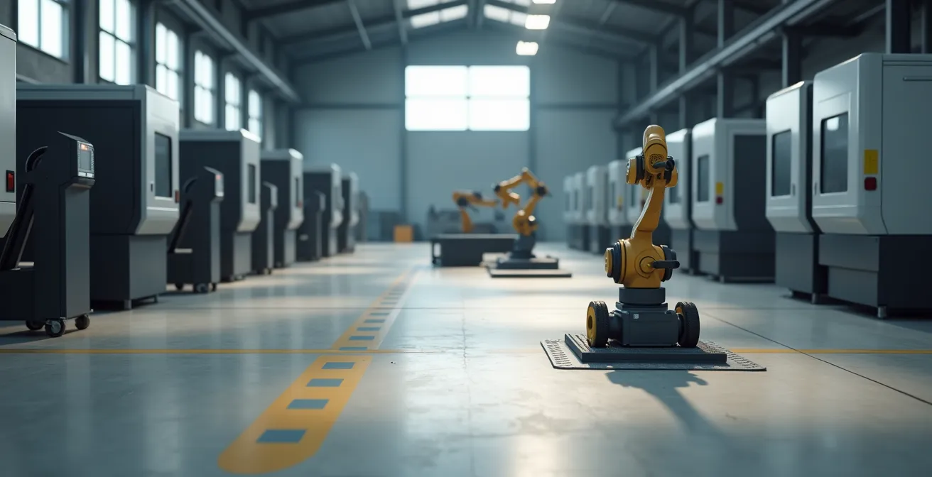 Robot collaborativo montato su piattaforma mobile in un'officina meccanica italiana