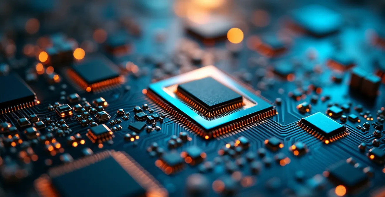 Dettaglio ravvicinato di componenti elettronici e circuiti per reti 5G con texture metalliche e riflessi dorati