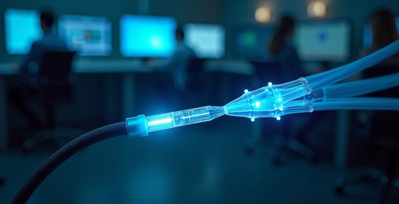 Confronto visivo tra fibra dedicata e condivisa in un ambiente ufficio con grafici di performance