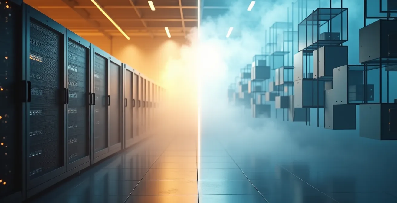 Confronto visivo tra datacenter con nastri LTO e infrastruttura cloud per backup aziendale