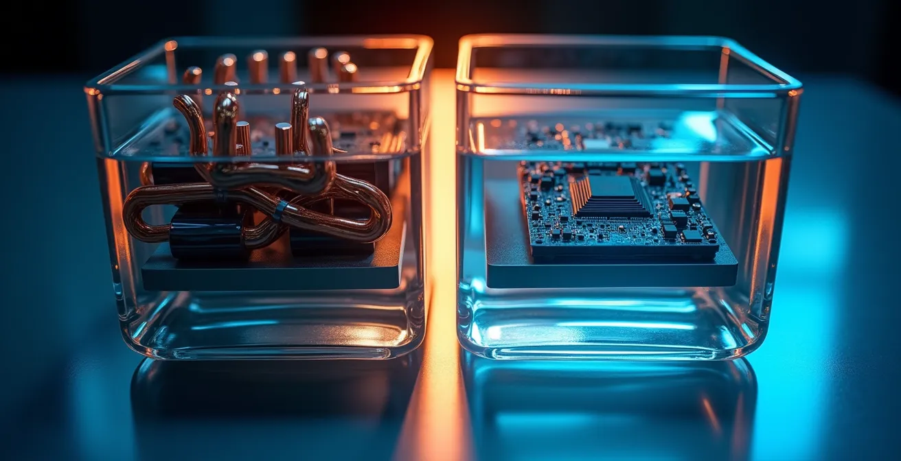 Confronto visivo tra sistema Direct-to-Chip e raffreddamento a immersione in un data center