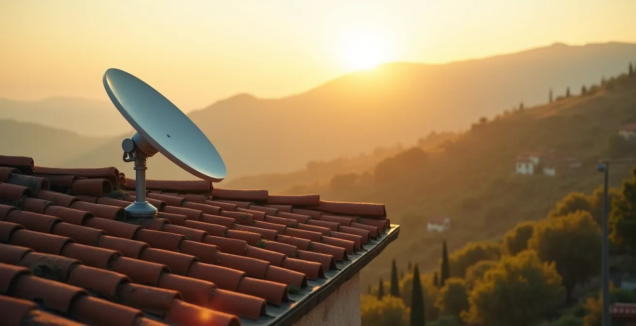 Antenna FWA installata su edificio rurale italiano con paesaggio collinare sullo sfondo