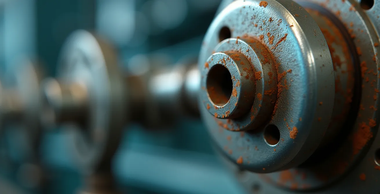 Vista macro di un sensore industriale con texture di usura visibile che indica necessità di ricalibrazione