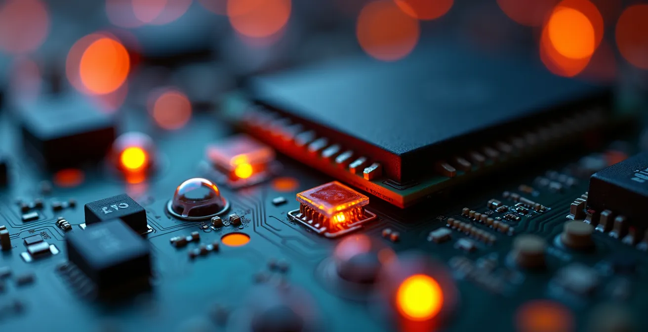 Close-up macro di componenti server con indicatori LED di stato