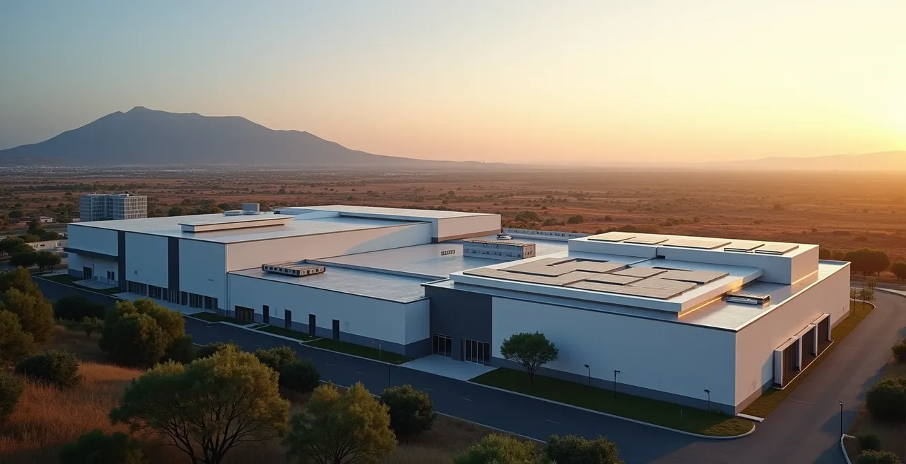Vista panoramica della Etna Valley con stabilimenti di semiconduttori e il vulcano Etna sullo sfondo