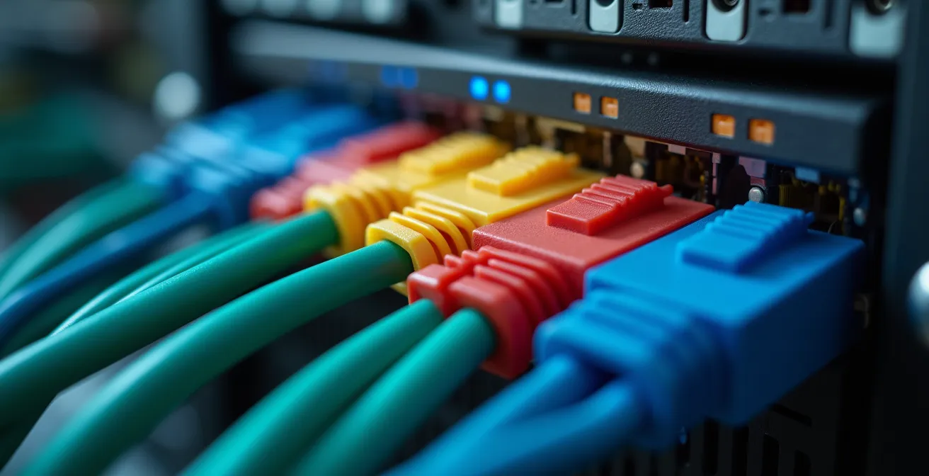 Dettaglio macro di cavi di rete organizzati con fascette colorate in un rack server