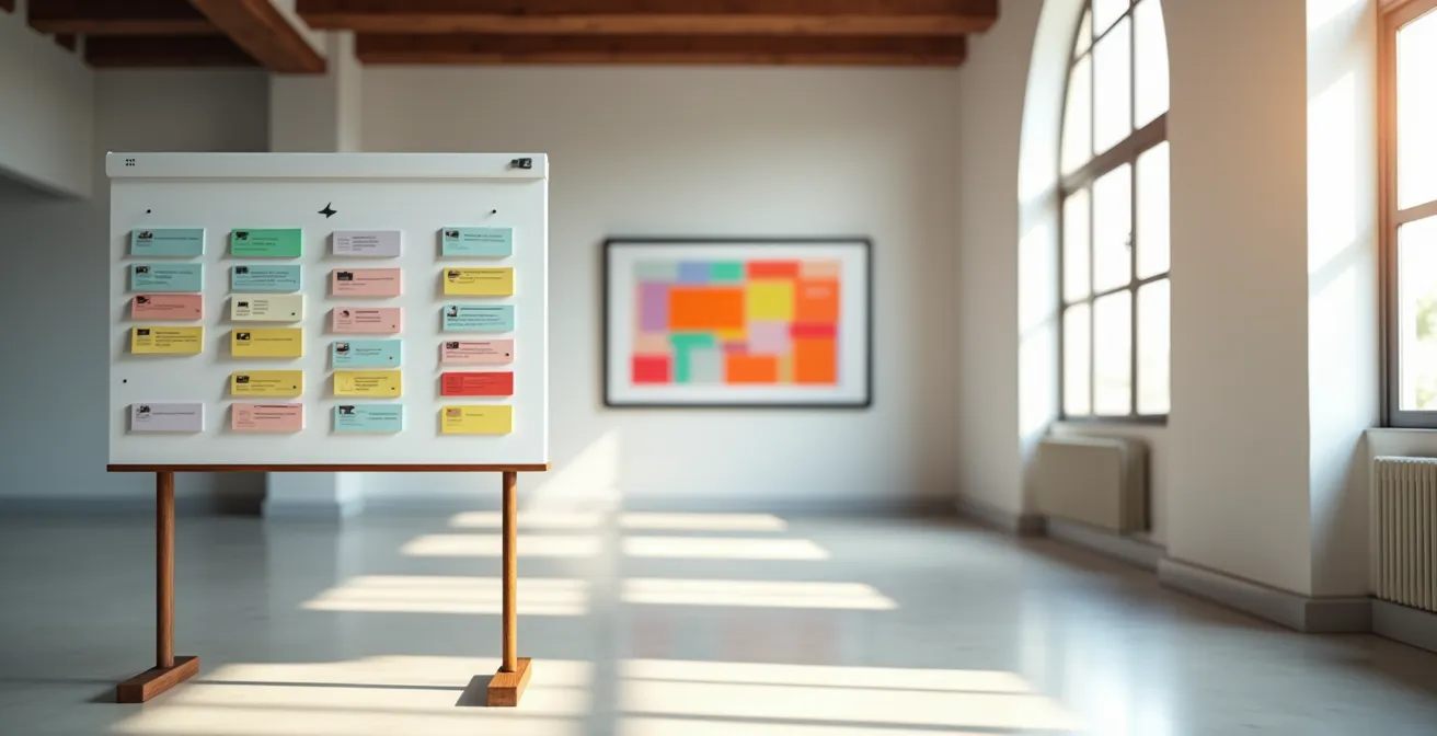 Vista panoramica di ufficio italiano con lavagna kanban fisica e schermo digitale sincronizzato