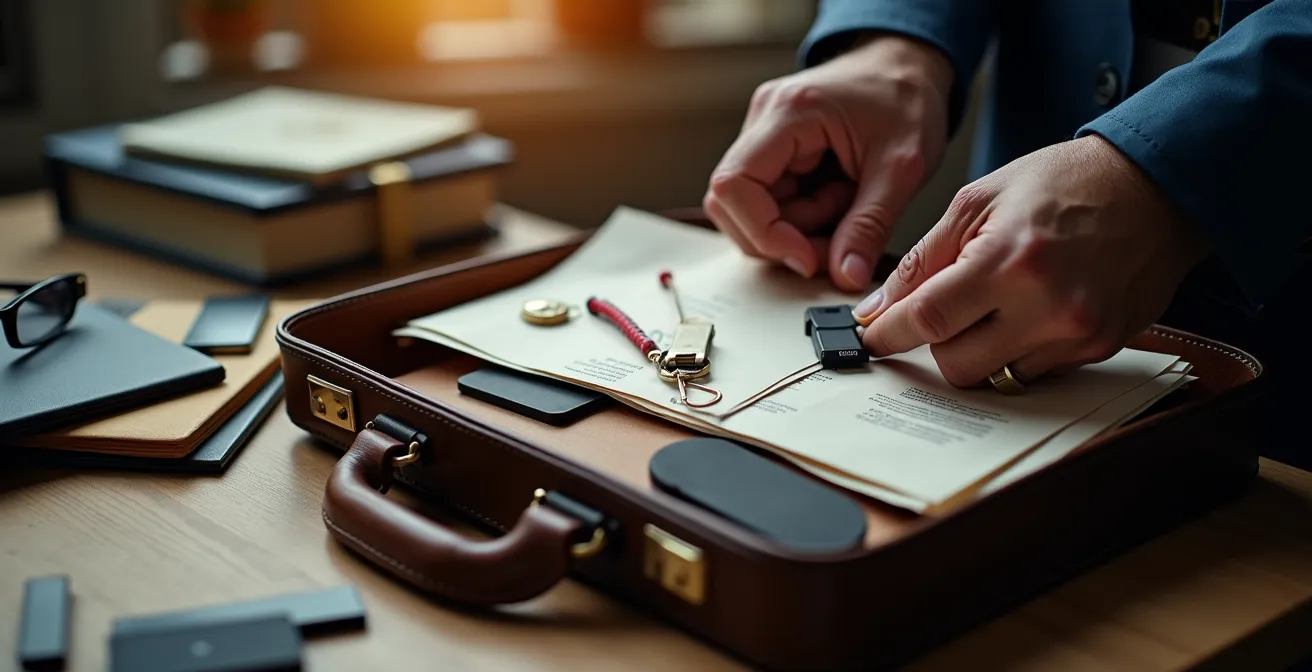 Valigetta di emergenza aperta con documenti e dispositivi per disaster recovery aziendale