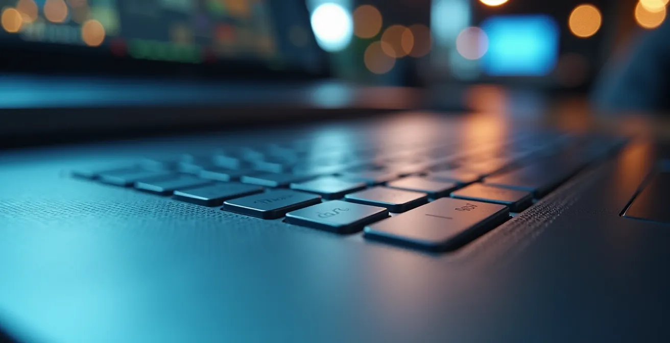 Laptop aziendale con indicatori visivi di protezione Full Disk Encryption attiva