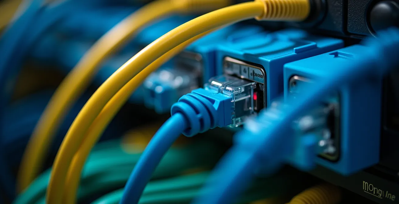 Armadio rack di rete ben organizzato con cavi etichettati e documentazione visibile