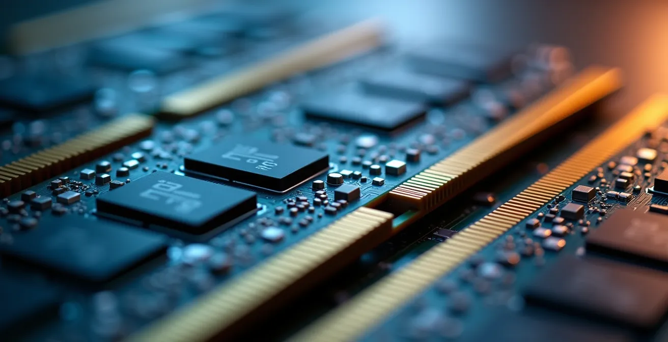 Dettaglio macro di moduli memoria DDR5 ECC per workstation