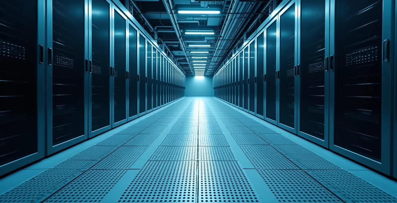 Vista dall'alto di un corridoio di data center con sistemi di raffreddamento visibili