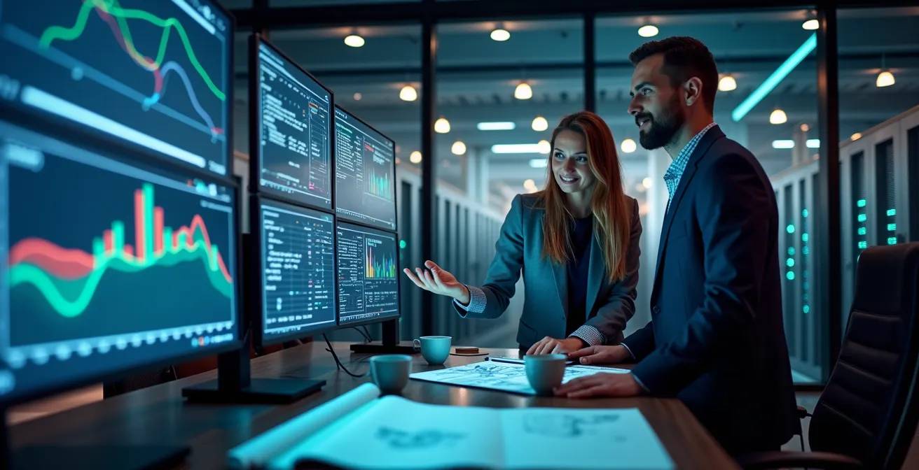Sala controllo efficienza energetica di un data center con monitoraggio PUE in tempo reale