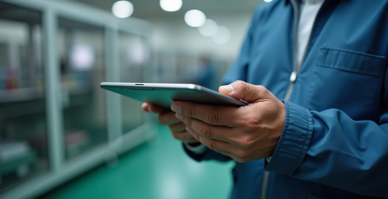 Operatore farmaceutico senior utilizza tablet per Electronic Batch Record in produzione