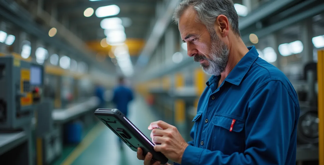 Operatore di linea italiano che inserisce dati su tablet industriale con interfaccia semplificata in ambiente di produzione