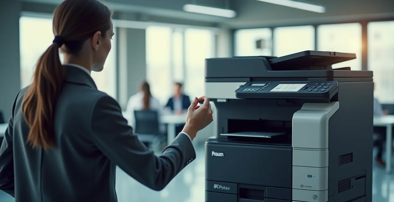 Sistema di stampa centralizzato con badge di autenticazione in un ufficio moderno italiano