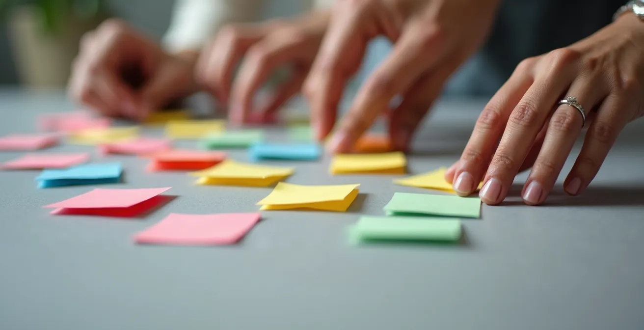 Dettaglio macro di mani che organizzano post-it colorati su superficie neutra durante retrospettiva