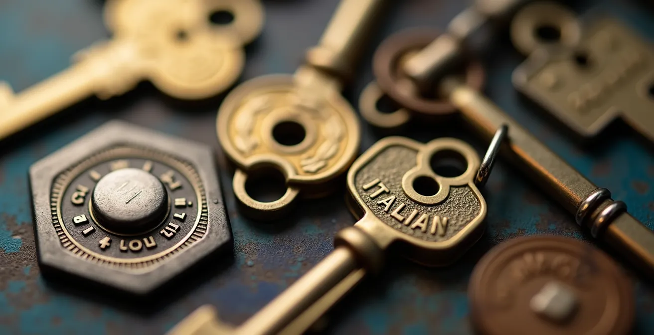 Dettaglio macro di chiavi e serrature che simboleggiano l'accesso controllato ai dati