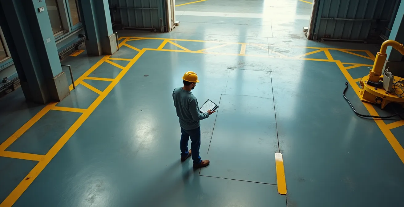 Vista dall'alto di un operaio con elmetto giallo in una fabbrica moderna con pavimento lucido riflettente