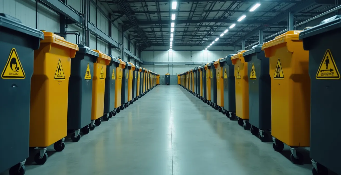 Vista ampia di area di stoccaggio aziendale con contenitori separati per rifiuti elettronici pericolosi