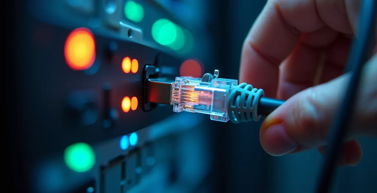 Dettaglio ravvicinato di una mano che disconnette un cavo di rete Ethernet da un server