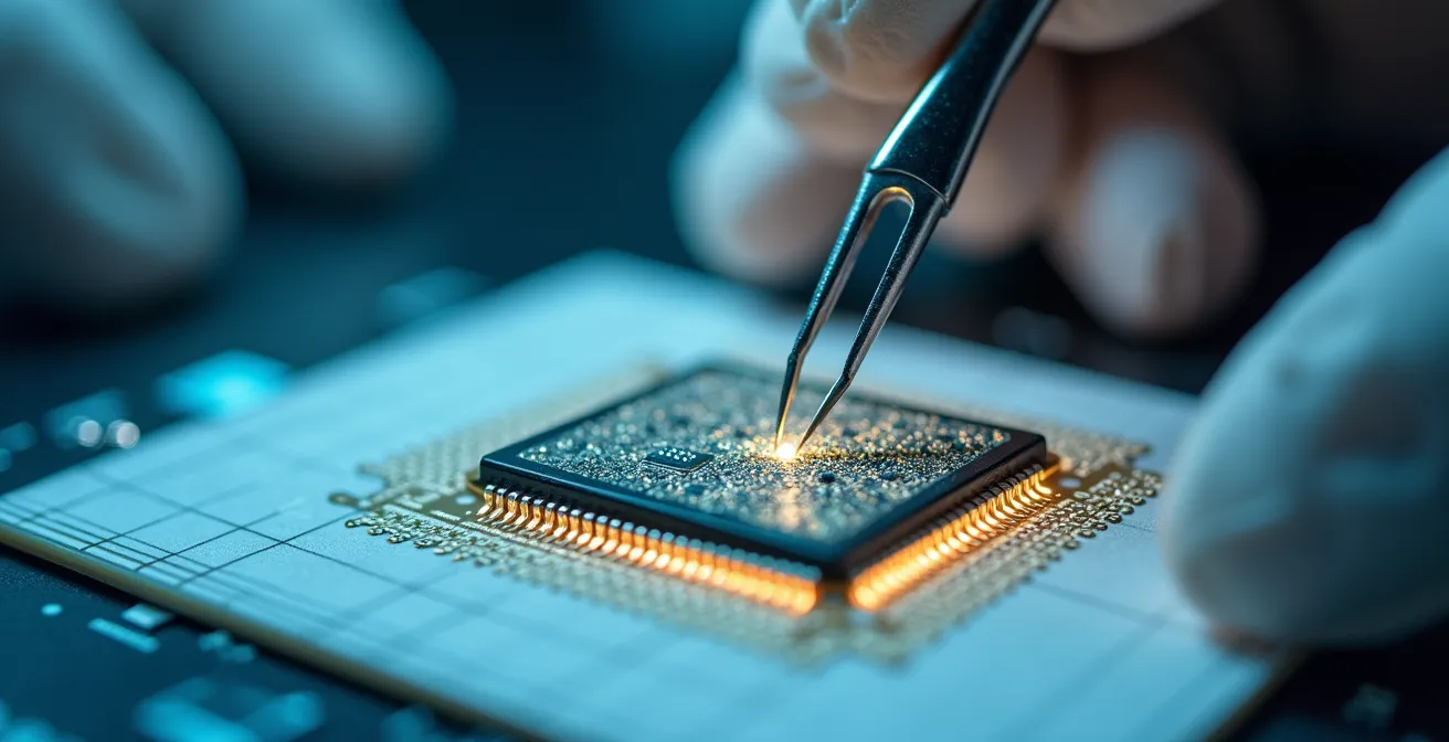 Tecnico che analizza un chip con strumenti di ispezione ottica in un laboratorio italiano
