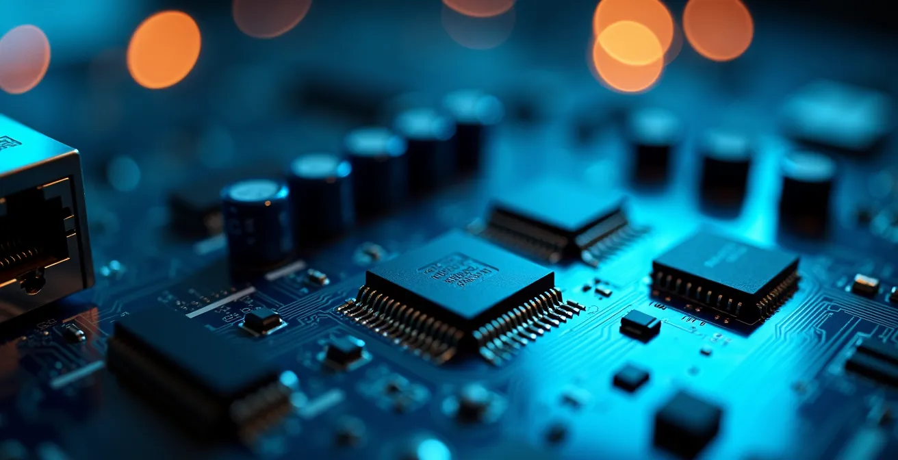 Vista macro di scheda di rete con tecnologia Wake-on-LAN in data center italiano