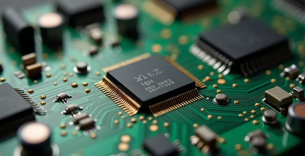 Close-up macro di circuiti elettronici di un controller SSD con effetto bokeh Close-up macro di circuiti elettronici di un controller SSD con effetto bokeh
