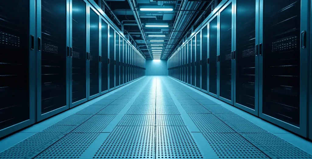 Vista dall'alto di un corridoio di data center con sistemi di raffreddamento visibili Vista dall'alto di un corridoio di data center con sistemi di raffreddamento visibili